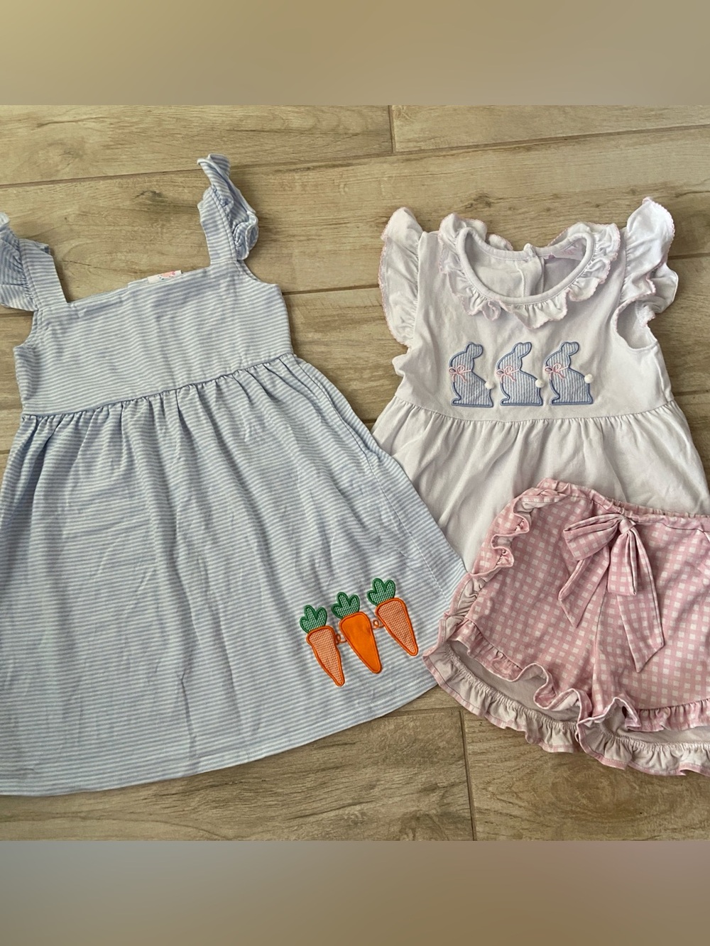 Stitchy Fish Bunny Pink Check Outfit Set Blue Stripes Dress Ruffle Sleeve 5T